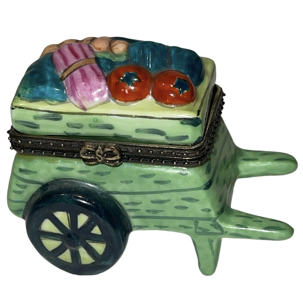 Ceramic Trinket Box‎ Garden Cart Vegetables Hinged Green SEE DESCRIPTION GUC
